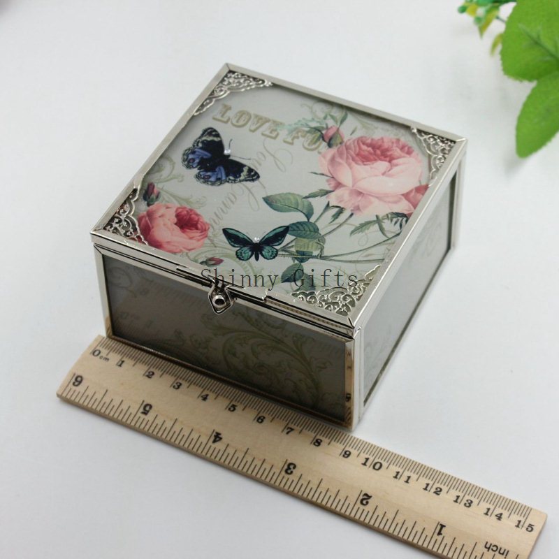 欧式高档蝶恋花玻璃首饰盒方形珠宝收纳盒生日礼品家居用品