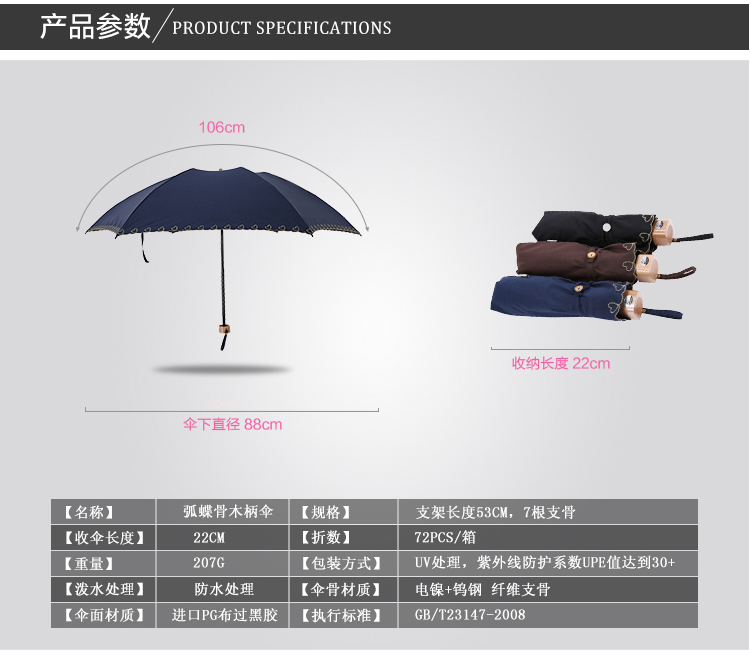 TC涤棉布雨伞 高密度防晒伞 刺绣雨伞 韩版雨伞 高档雨伞 折叠伞 三折伞 日式雨伞 时尚遮阳伞2